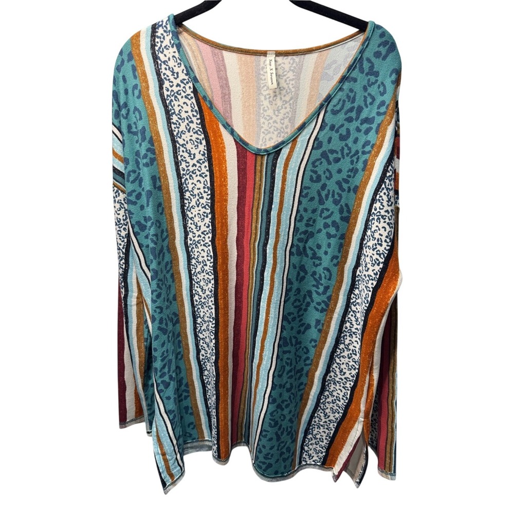 Now N Forever‎ Womens Teal Rust Leopard Stripe V-Neck Long Sleeve Top M